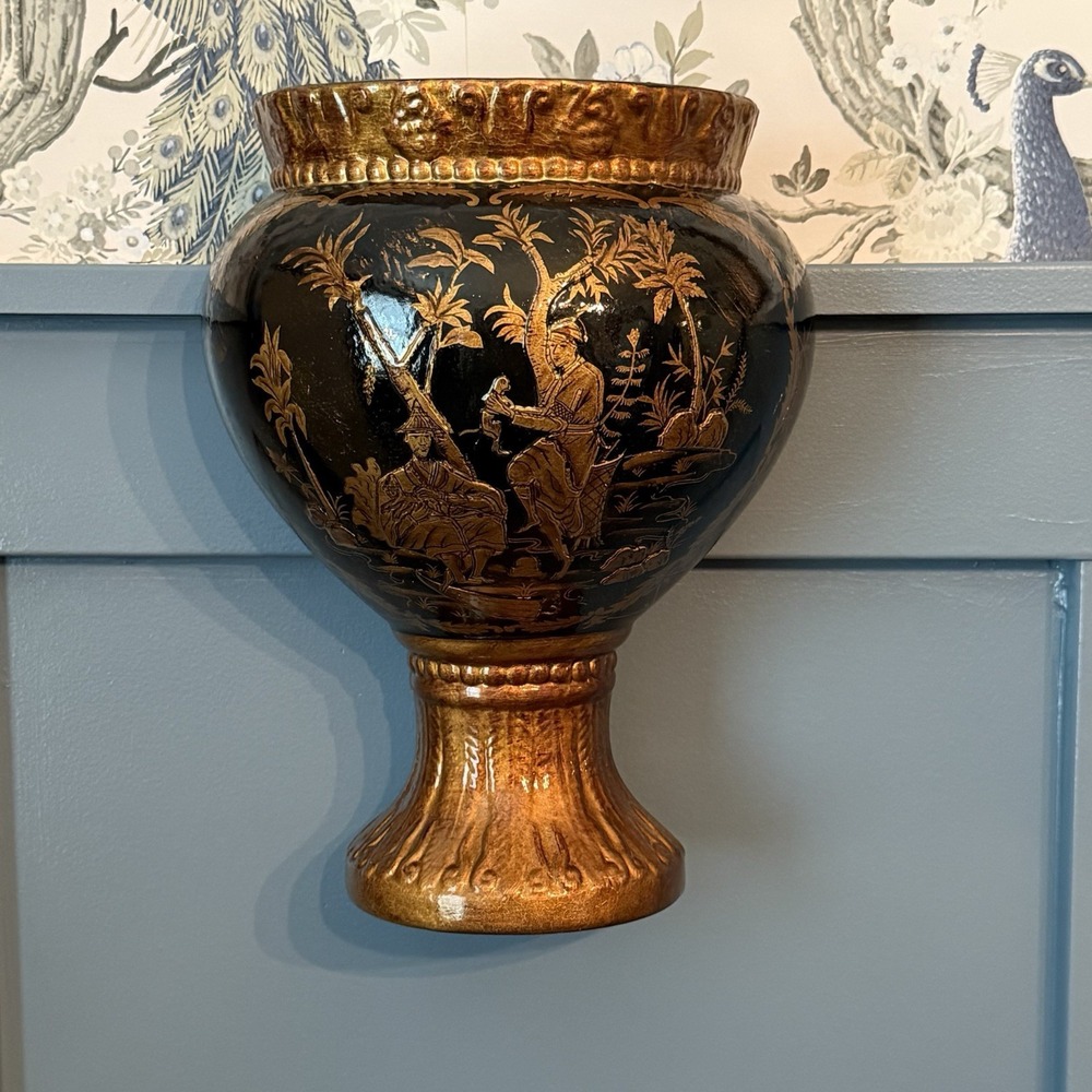 Chinoiserie Wall Vase Ceramic Wall‎ Pocket 11" Vintage Black Lacquer Gold Bombay